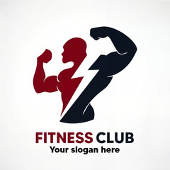 A strong fitness club logo featuring a muscular man silhouette flexing his biceps, with a lightning bolt element symbolizing energy and power. Perfect for gym branding.