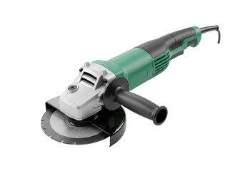 A modern electric angle grinder, distinctly green and black, with an abrasive cutting disc, safety guard, and side auxiliary handle, on a pristine plain transparent background with bright studio