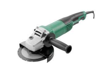 A modern electric angle grinder, distinctly green and black, with an abrasive cutting disc, safety guard, and side auxiliary handle, on a pristine plain transparent background with bright studio