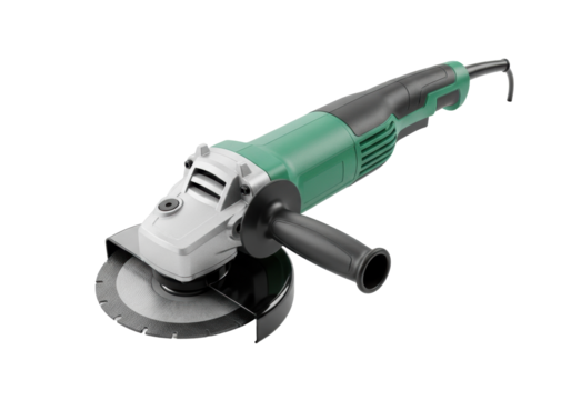A modern electric angle grinder, distinctly green and black, with an abrasive cutting disc, safety guard, and side auxiliary handle, on a pristine plain transparent background with bright studio