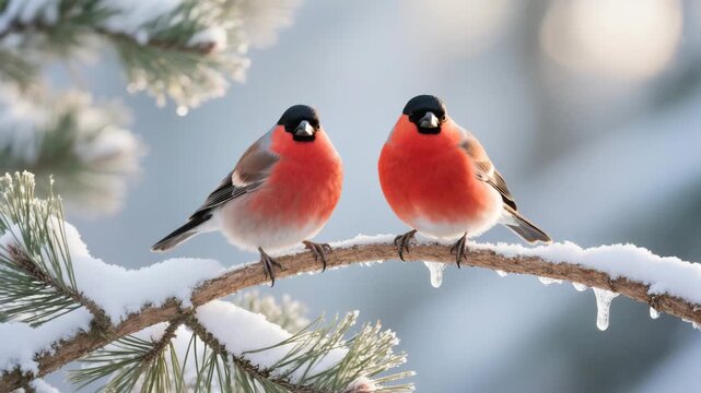 Two red-breasted bullfinches sit on a snow-covered pine branch with icicles, surrounded by a cold winter forest. Peaceful seasonal scene.