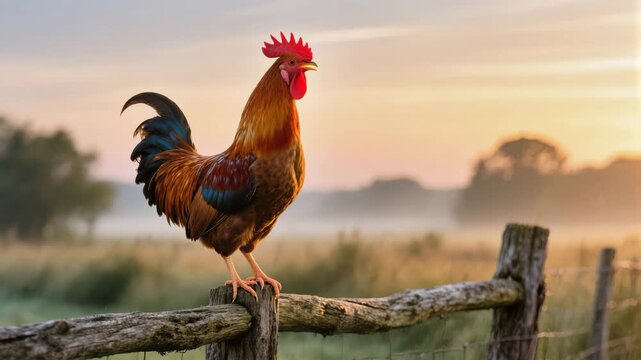 Vibrant rooster stands on a rustic fence, crowing at sunrise in a misty rural landscape. Farm morning scene. Peaceful countryside moment.