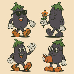 Charming retro eggplant mascot illustrations, diverse personalities, nostalgic design elements