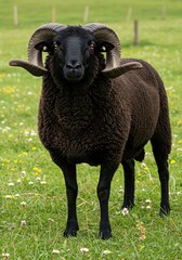 Obraz premium Black Jacob Sheep with Curled Horns Standing in Green Meadow with Yellow and White Flowers