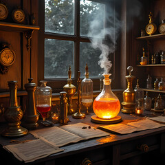 A vintage alchemy lab with golden tools, smoky potions, and glowing crystals