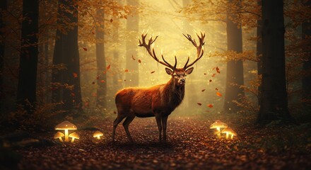 Majestic stag in an enchanted autumn forest with glowing mushrooms.