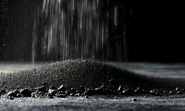 Time-lapse of black sand or ash falling and accumulating on a surface forming a mound, on black