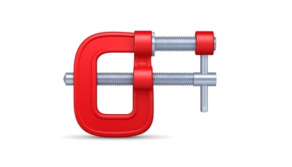 Precision clamping: A detailed view of a vibrant red C-clamp against white backdrop