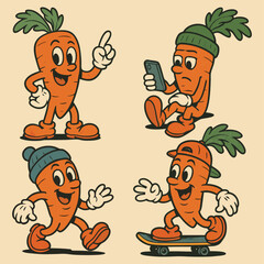 Funny Carrot Cartoon Characters, Expressive Vintage Mascot, Healthy Food Concepts
