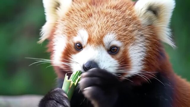 Red Panda Eating Bamboo Shoot in Outdoor Close-up