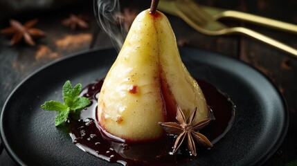 Artisanal poached pear dessert served with dark wine reduction and aromatic star anise on contemporary black ceramic plate with fresh mint sprig