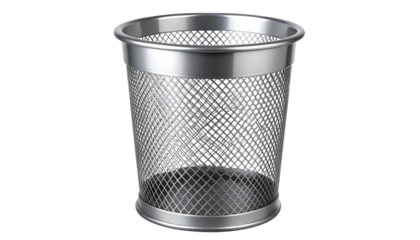 Silver metal wastebasket with mesh design, ideal for office or home use, combining functionality and style on transparent background