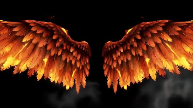 Glowing Golden Wings with Fiery Tips Emanate from Dark Smoky Depths for Dramatic Effect