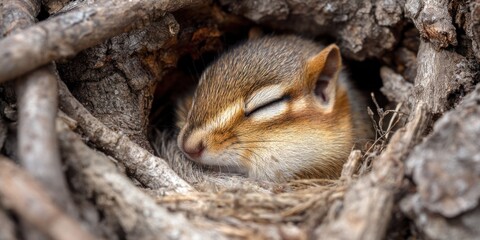 A chipmunk sleeping in a small nest in the forest