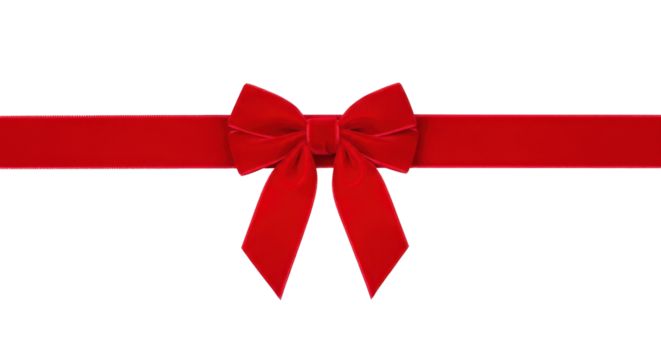 Red velvet ribbon bow for gift wrapping isolated PNG with Transparent Background