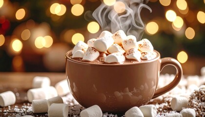 A Steaming Cup of Hot Cocoa with Fluffy Marshmallows, a Cozy and Comforting Beverage, a Delicious and Warm Drink, Perfect for a Cold Day, a Rustic and Charming Scene