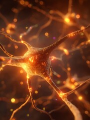 Close-up of glowing neuron in a neural network structure  