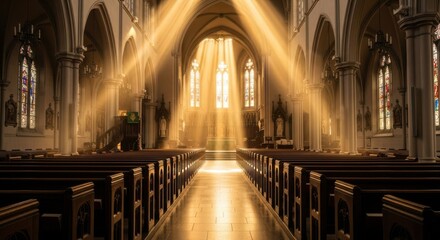 Fototapeta premium Sunlight streams through the arched windows of a grand cathedral, illuminating the central aisle and casting dramatic rays onto the pews