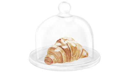 Croissant and cloche watercolor illustration. Hand drawn fresh french bun in a glass dome. Food clip art. Ideal for bakery prints, postcards and pastry shop posters.