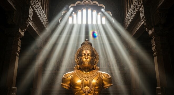 Golden statue of Hindu deity Hanuman illuminated by divine light rays in an ancient temple.
