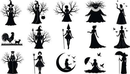 Naklejka premium Silhouettes of witches, women, and animals in various poses and settings in black and white design