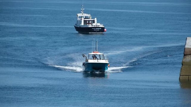 Boat in the north sea near the Farne islands, Northumberland, UK.