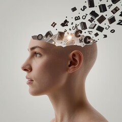 A contemplative young Caucasian woman with a shaved head, illustrating the concept of creativity with letters and symbols emerging from her head.