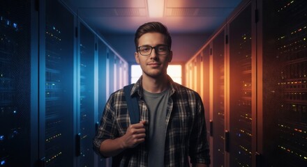 A young man wearing glasses and a backpack stands confidently in a brightly lit server room, surrounded by rows of technology equipment