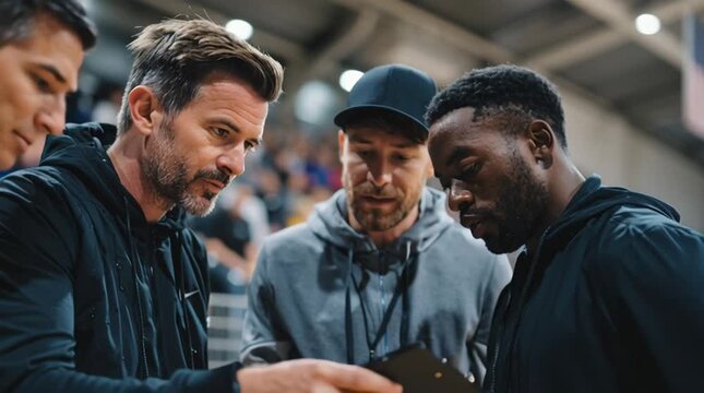 Three coaches reviewing plays on a clipboard during a basketball game with spectators in the background