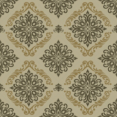 Elegant seamless damask pattern featuring ornate black and gold motifs on a soft beige background. Ideal for packaging design, fabric prints, wallpapers, and vintage-inspired luxury projects.
