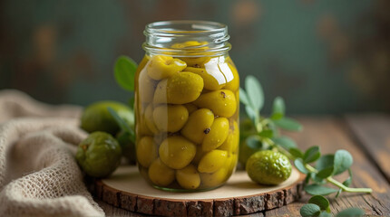 a jar of homemade pickles on rustic wood