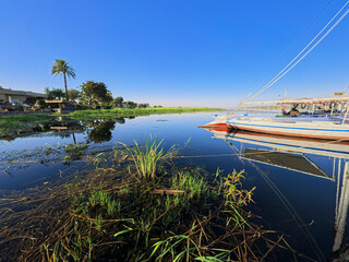 Traditional Egyptian felluca river sailing boats moored on the Nile bank with reflection