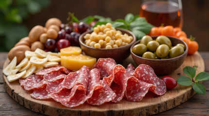a grazing board with charcuterie and olives