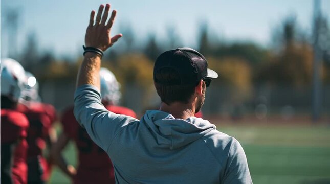 Coach with raised hand overseeing football players wearing helmets and red jerseys on a sunny day outdoors