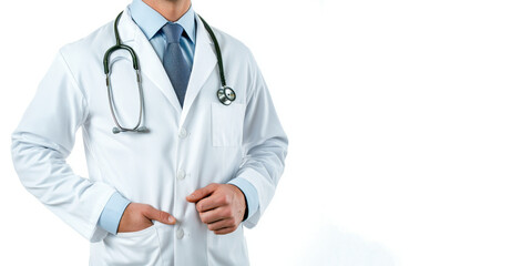 Banner with the image of a confident doctor with a stethoscope. Cropped photo of a qualified doctor in uniform, highlighted against the background of advertising space. Healthcare & Medicine Concept