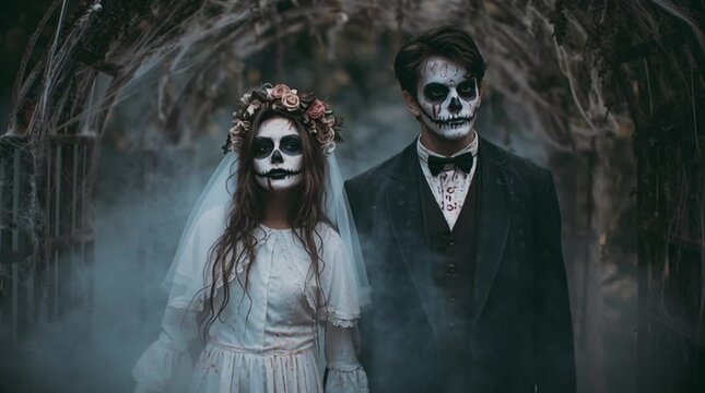 A spooky bride and groom with skeleton makeup stand in a misty archway with spiderwebs around them