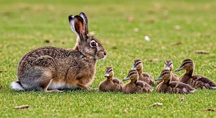 Fototapeta premium Woodland Companions Hare and Duck Family Resting Together