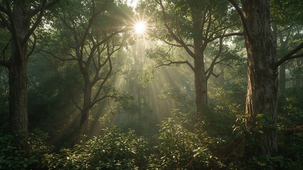 Obraz premium Generative AI Forest Rays in Misty Green Wilderness Wallpaper