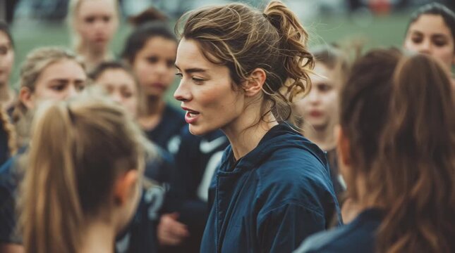 Woman in blue jacket speaking to a group of young women with light hair in an outdoor setting