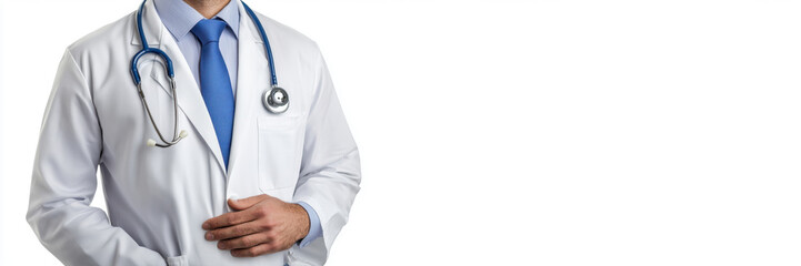 Banner with the image of a confident doctor with a stethoscope. Cropped photo of a qualified doctor in uniform, highlighted against the background of advertising space. Healthcare & Medicine Concept