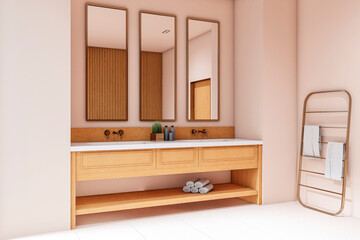 Modern minimalist bathroom interior with wooden vanity, three mirrors, towel rack, and clean beige walls and floor in cozy home setting. 3D Rendering