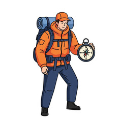 Naklejka premium A hiker, wearing an orange jacket and backpack, holds a compass, ready for adventure.