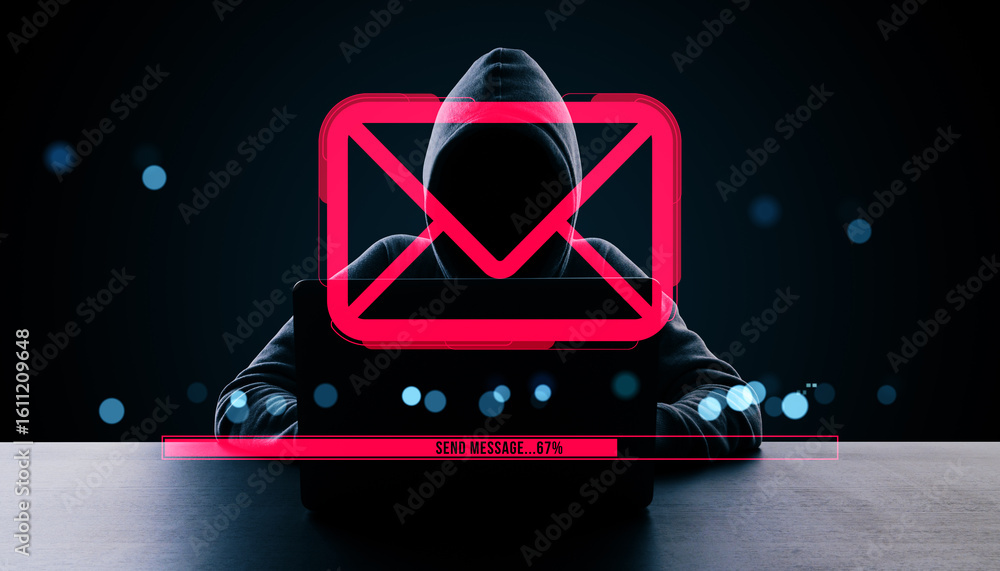 Poster anonymous hacker in hoodie using laptop with glowing email icon and digital message progress bar on 