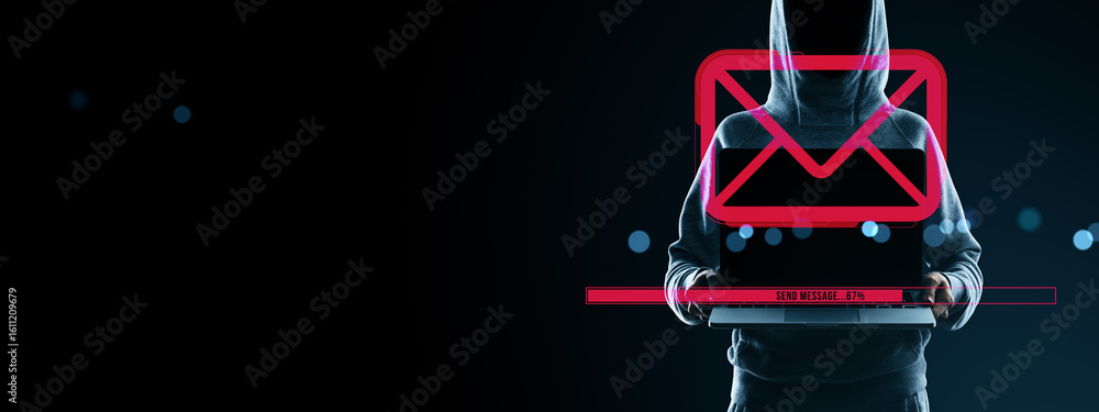 Poster hacker in hoodie using laptop with glowing red email icon and message sending progress bar on dark d