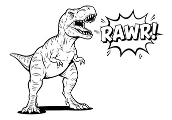 Fierce Tyrannosaurus Rex roaring loudly with a comic book style "RAWR!" speech bubble