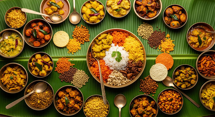 Elaborate Indian Sadya feast with assorted curries colorful rice and lentils served in traditional brass bowls. 4k Background Wallpaper