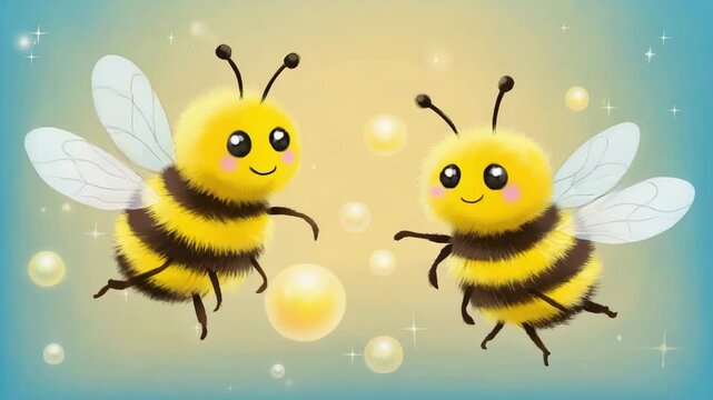 Two adorable cartoon bees with bright yellow and black stripes, rounded bodies, small smiling faces, and translucent white wings are flying side by side in a soft, dreamy atmosphere.