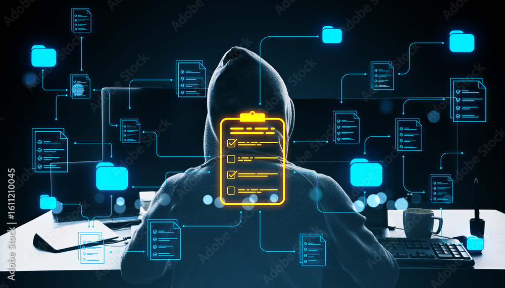 Poster hacker in hoodie at desk interacting with digital document network on dark background with glowing i