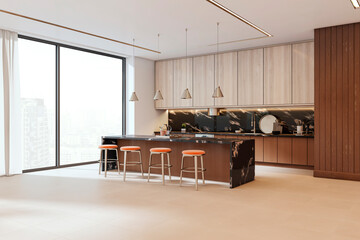 Modern luxury kitchen interior with marble island, wooden cabinetry and large window with city view in bright stylish home space. 3D Rendering