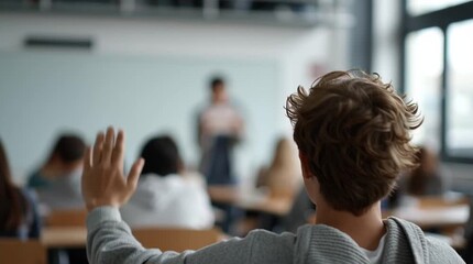 Student raising hand in classroom during lesson with teacher and classmates in background view from back